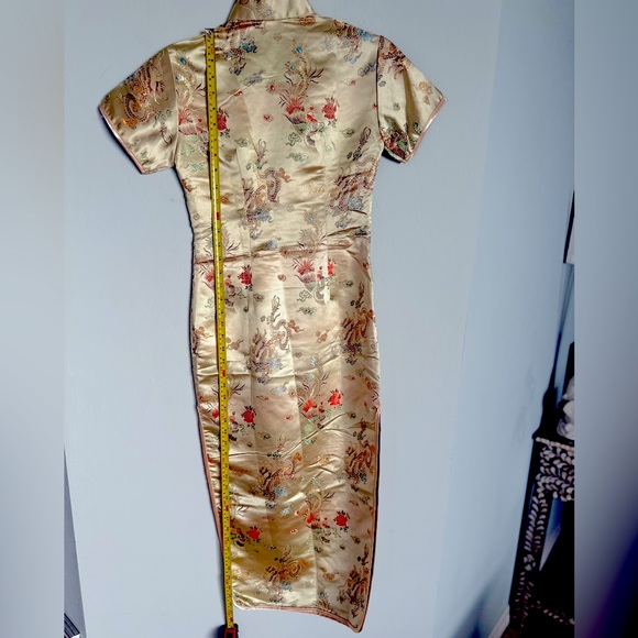 Oriental Gold Satin Dress Sz S  47” top of Shoulder to Bottom Hem - Picture 2 of 11